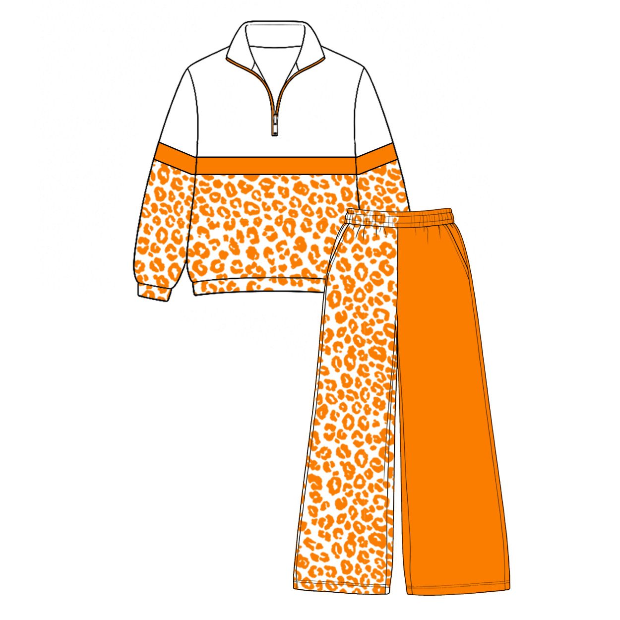( Moq 5 ) Preorder Baby Girls Kids Long Sleeves Zipper Pullover Leopard Orange Pants Set Clothes