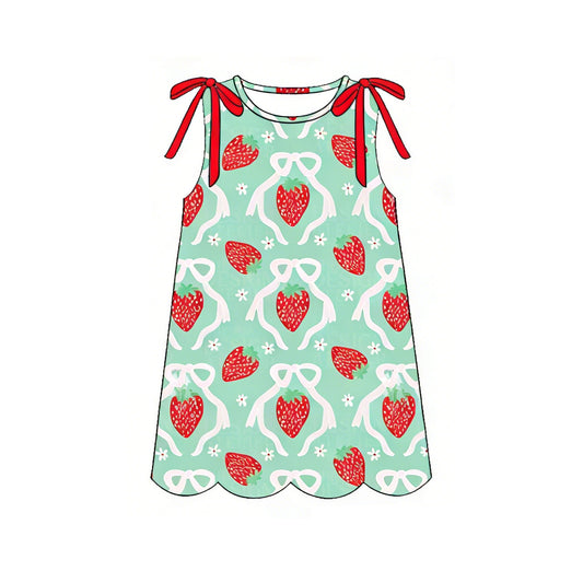 ( Moq 5 ) Preorder Baby Girls Kids Sleeveless Strawberry Bows Scallop Knee Length Dress