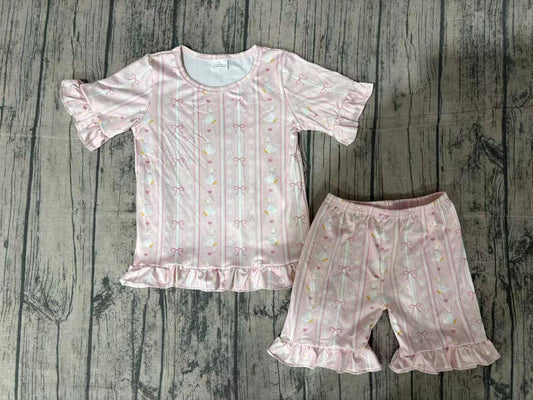 ( No moq ) Preorder Baby Girls Kids Short Sleeves Goose Bows Hearts Flower Shirt Shorts Summer Set