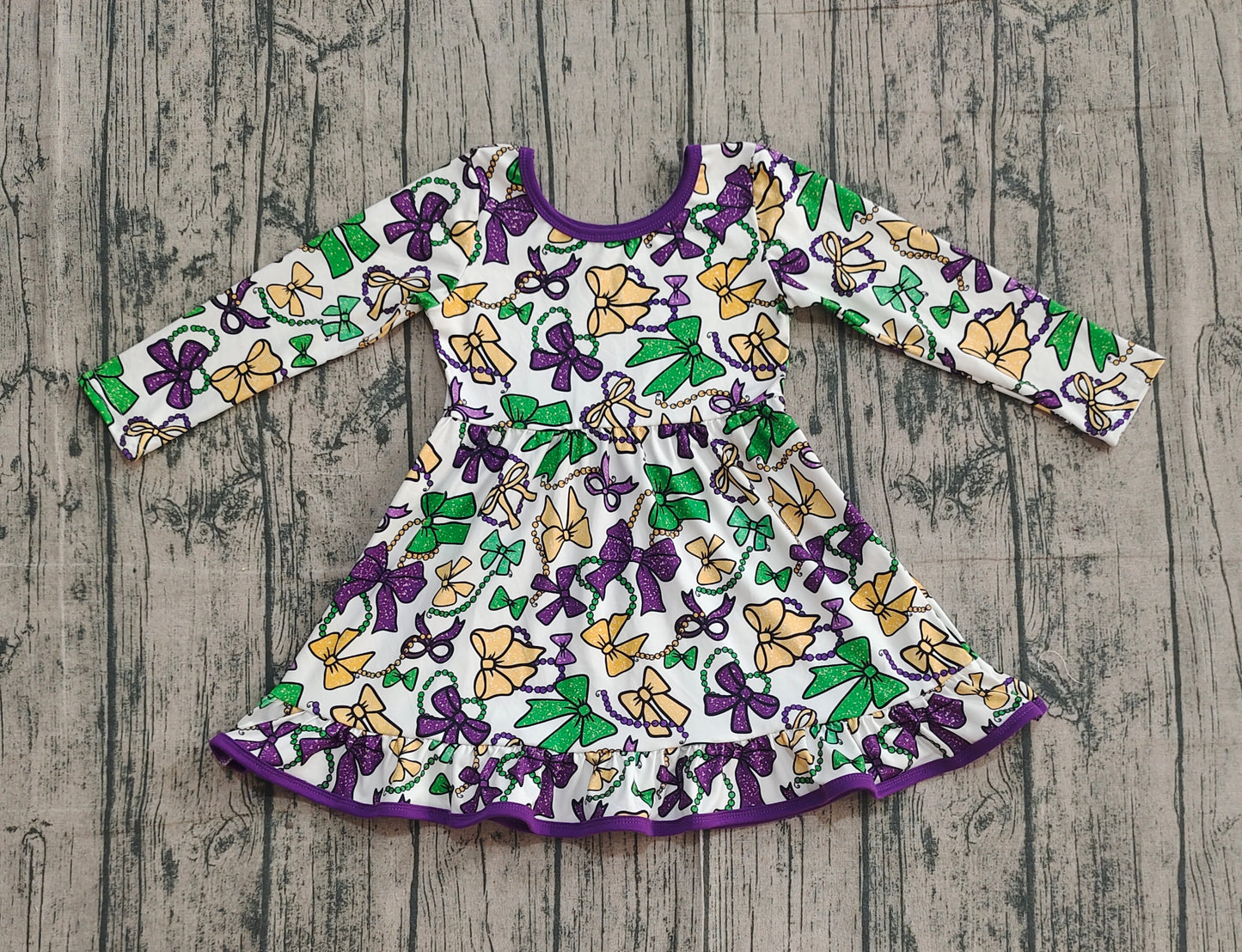 Girls Kids Long Sleeves Mardi Gras Bows Ruffle Knee Length Dress RTS