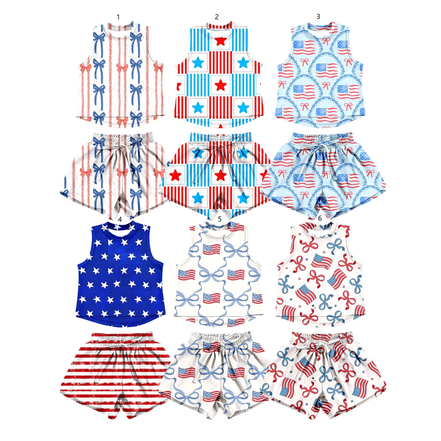( Moq 5 Each Style ) Sibling Baby Girls Kids Bows Stars Flags Shirts Shorts 4th of July Sets