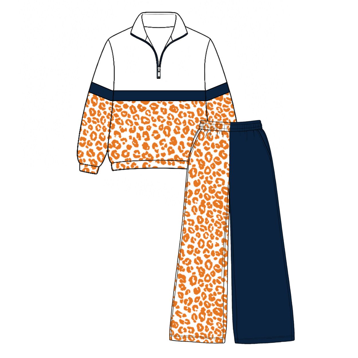 ( Moq 5 ) Preorder Baby Girls Kids Long Sleeves Zipper Pullover Leopard Navy Pants Set Clothes
