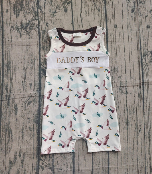 ( No moq ) Preorder Baby Kids Embroidery Daddy's Boy Ducks Buttons Smocked Romper