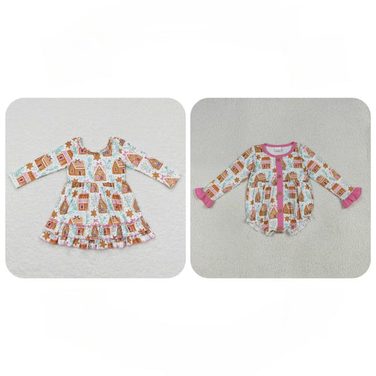 Sibling Baby Girl Long Sleeves Christmas Cake House Sibling Romper Dress Clothes RTS