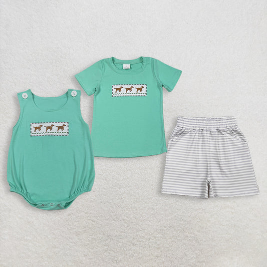 Sibling Baby Boys Kids Embroidery Dogs Green Bubble Romper Set Summer Clothes RTS