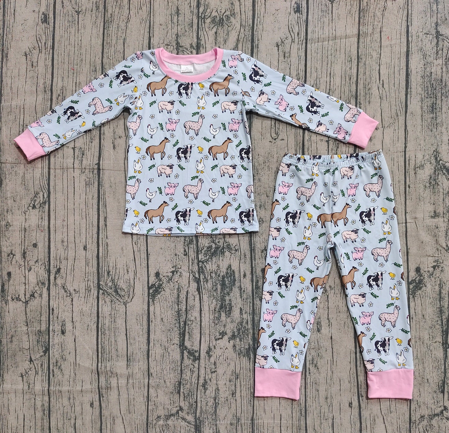 Baby Girl Long Sleeves Farm Animals Flower Shirt Pants Pajamas Set RTS