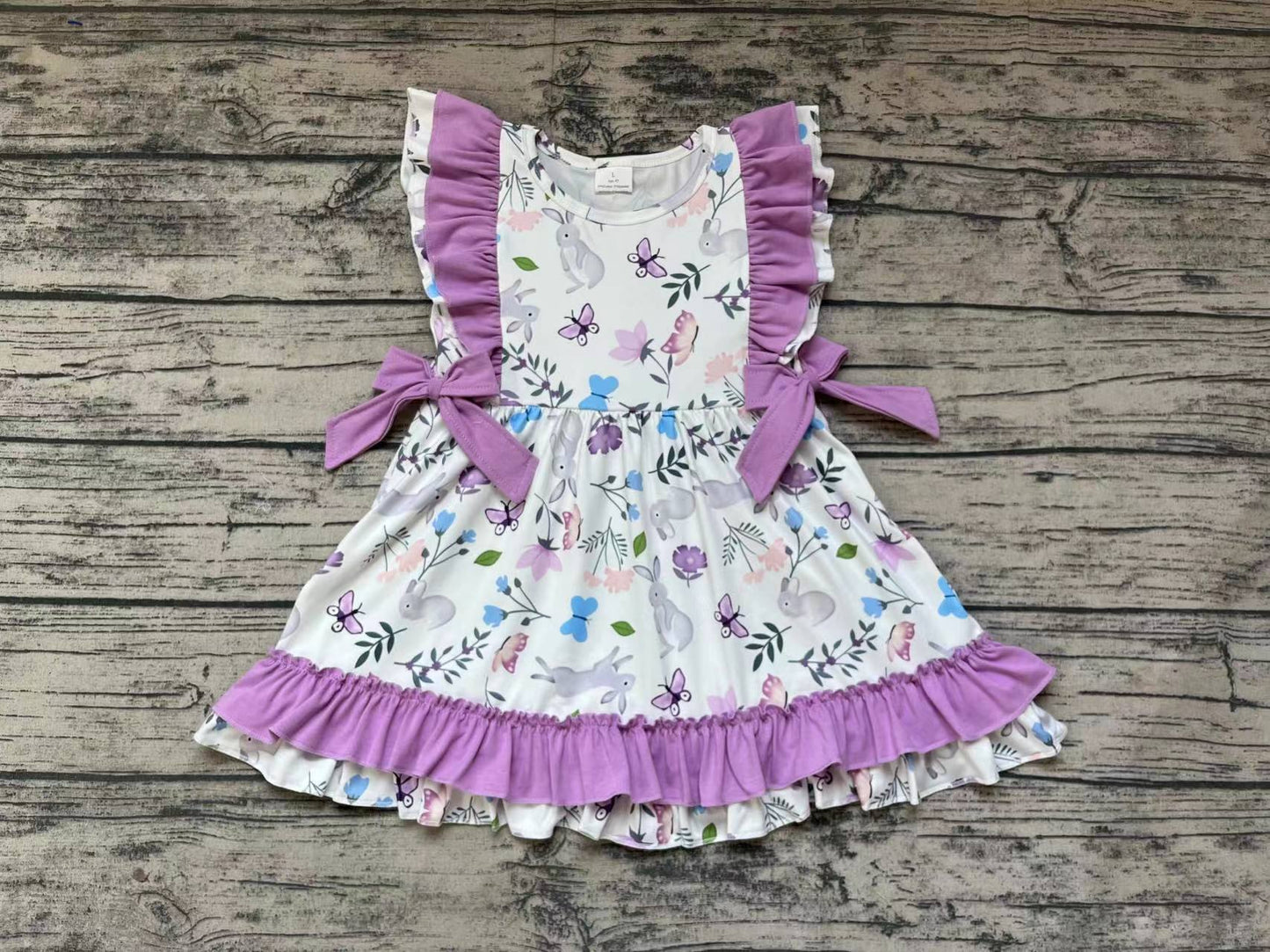 Baby Girl Short Sleeves Easter Rabbits Floral Ruffle Dress RTS