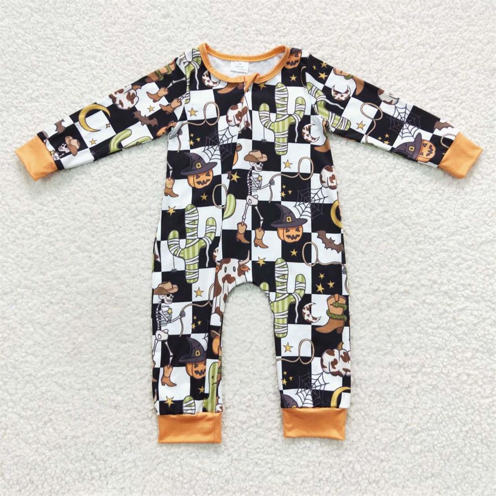 Boys Kids Halloween Cactus Cow Checked Sibling Zipper Romper Set Pajamas Clothes RTS