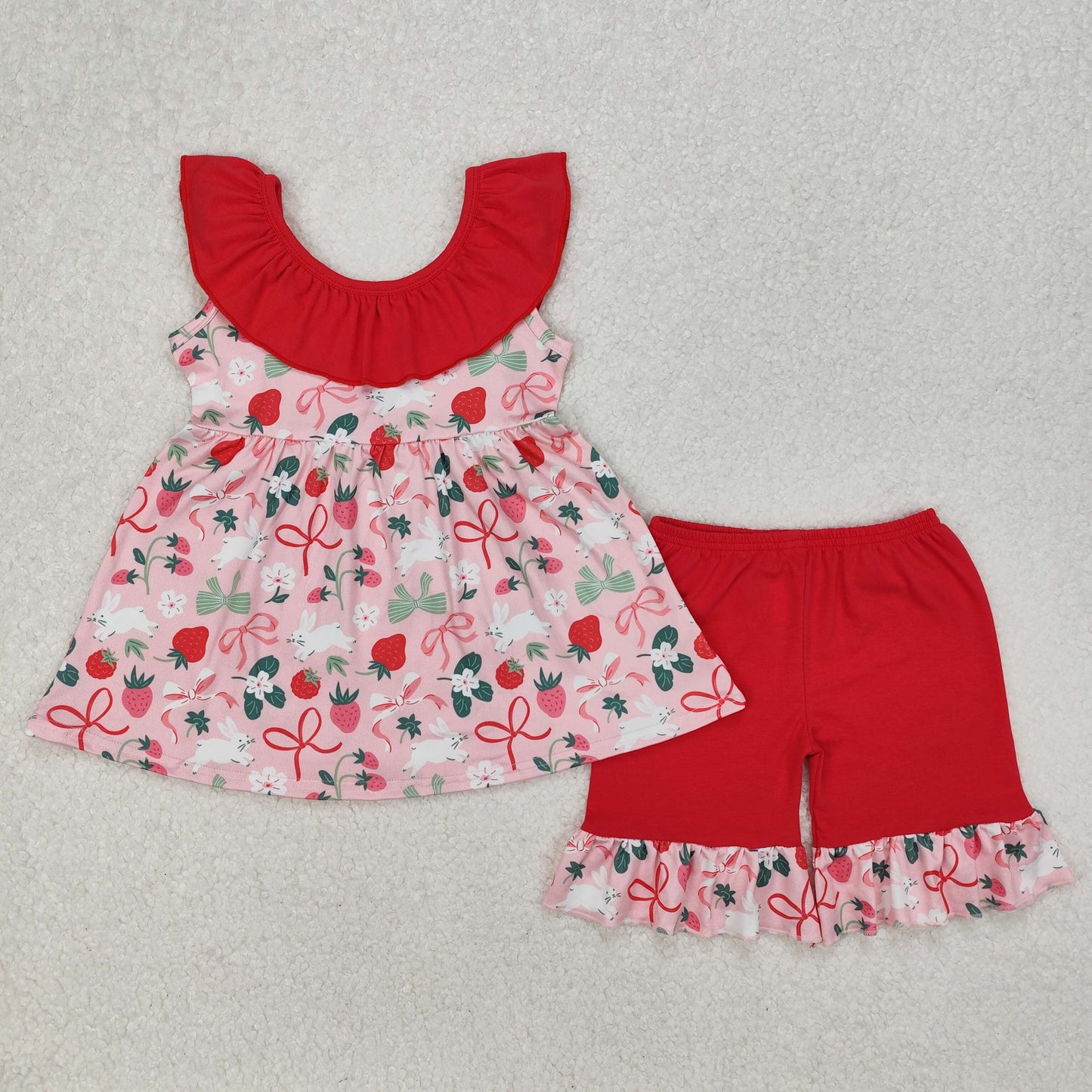 Baby Girl Easter Strawberry Rabbits Bows Tunic Ruffle Shorts Clothes Set RTS
