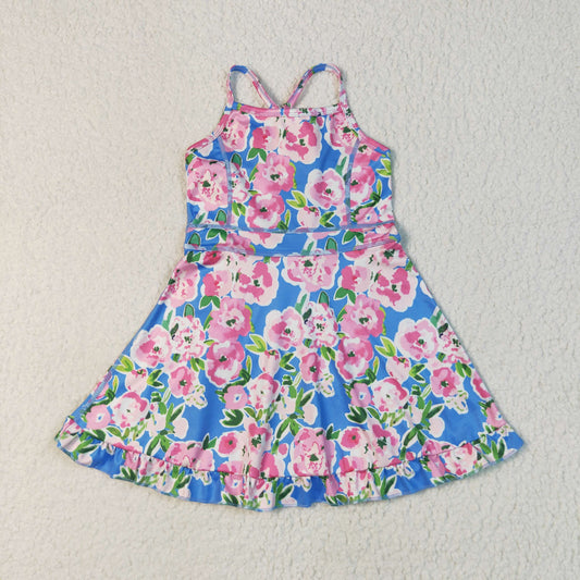 Baby Girl Sleeveless Pink Flower Blue Yoga Active Skort Ruffle Knee Length Dress RTS