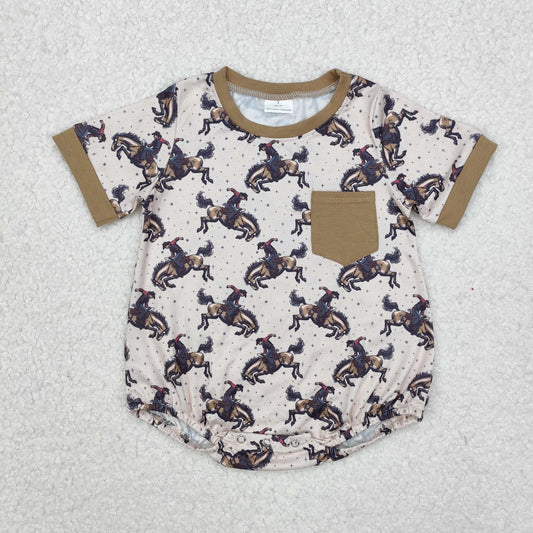Baby Boy Infant Short Sleeves Rodeo Pocket Western Brown Bubble Romper