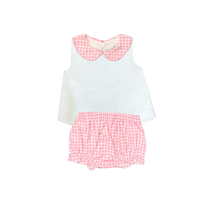 ( Moq 5 ) Preorder Baby Girls Kids Sleeveless Tops Red Plaid Bummie Shorts Set Clothes