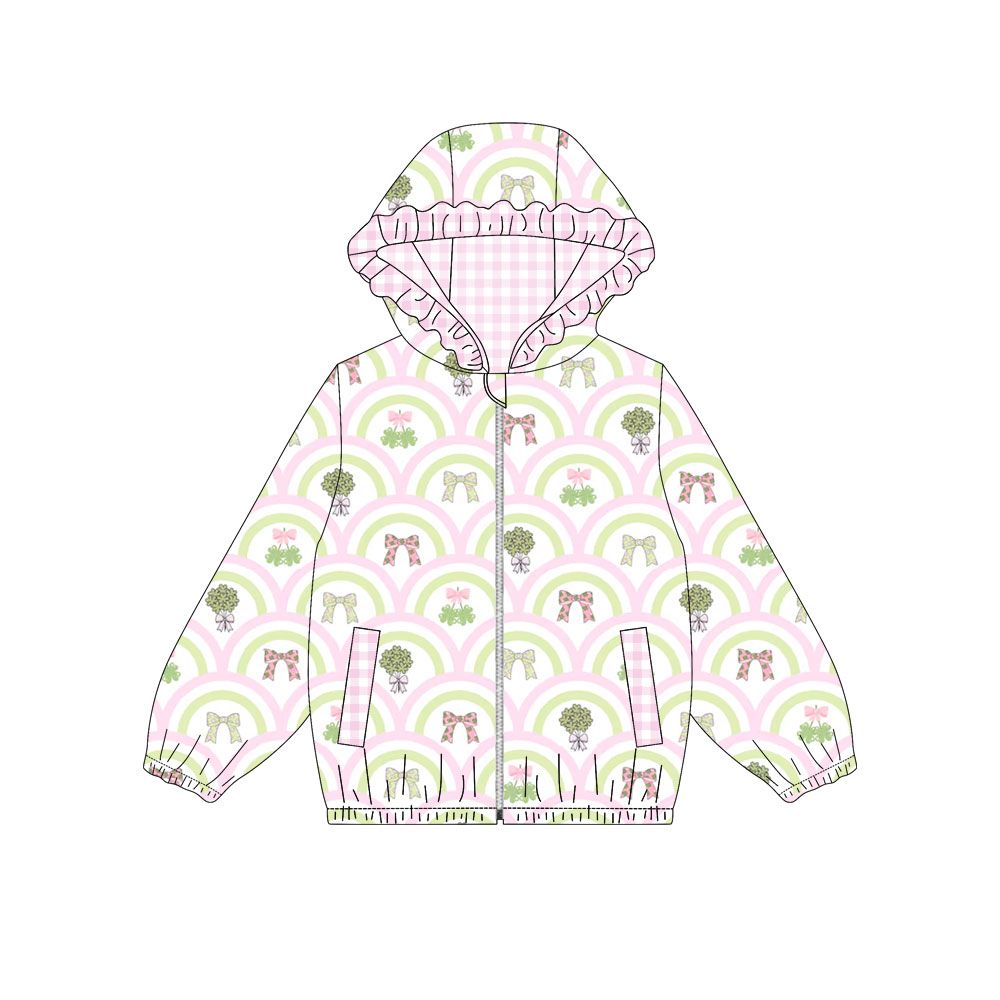 ( Moq 5 ) Preorder Baby Girl Kids Clovers Bows Pockets Zipper Hoodie Jacket St Patrick Tops
