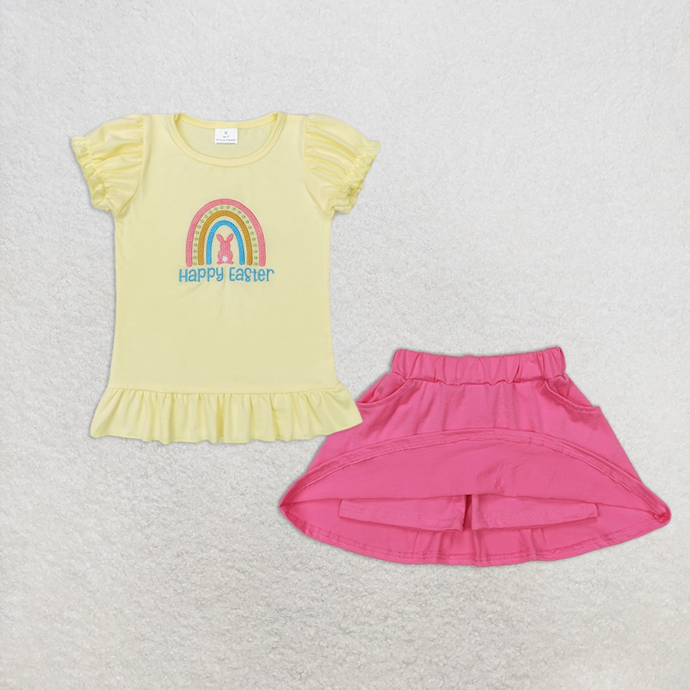 Baby Girl Short Sleeves Embroidery Easter Rabbit Shirt Pink Pockets Cotton Skort Set RTS