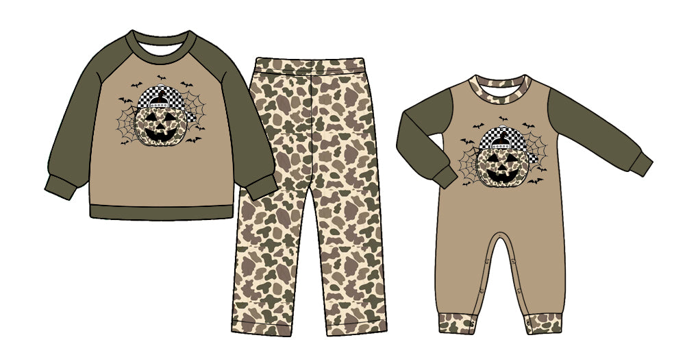 ( Moq 5 Each Style ) Baby Boys Kids Camo Pumpkins Halloween Sibling Romper Set Clothes