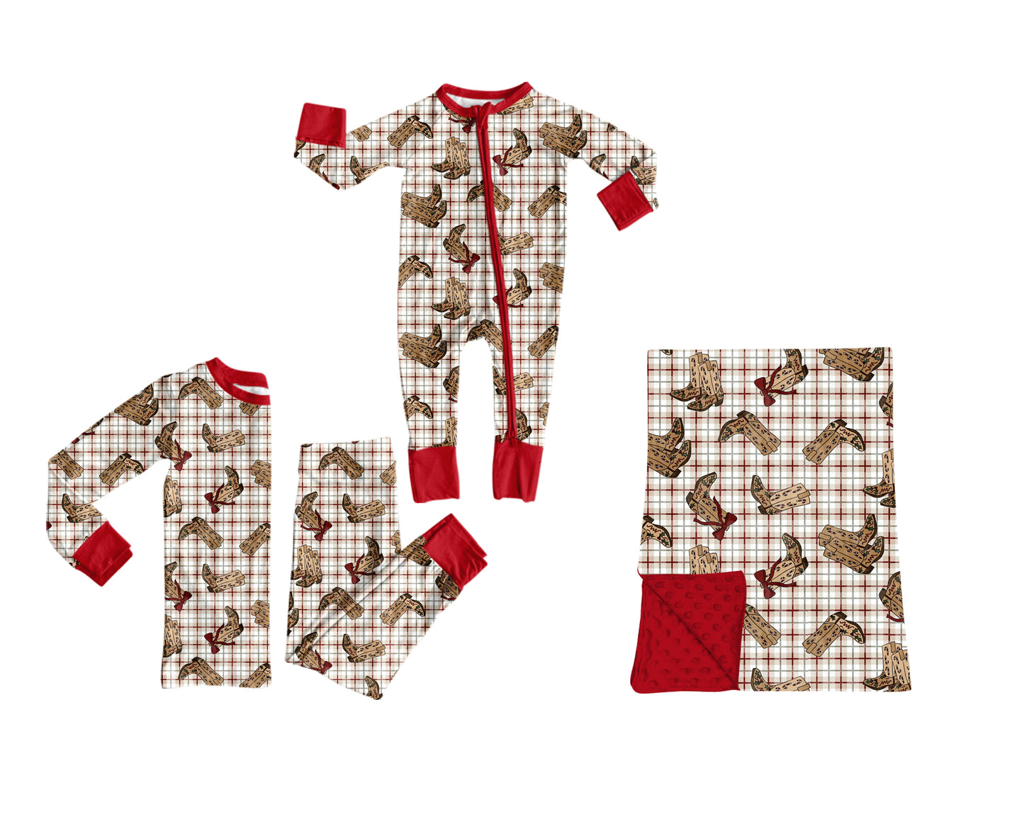 ( Moq 5 ) Sibling Baby Boys Kids Long Sleeves Boots Plaid Western Zipper Romper Set Blanket Clothes