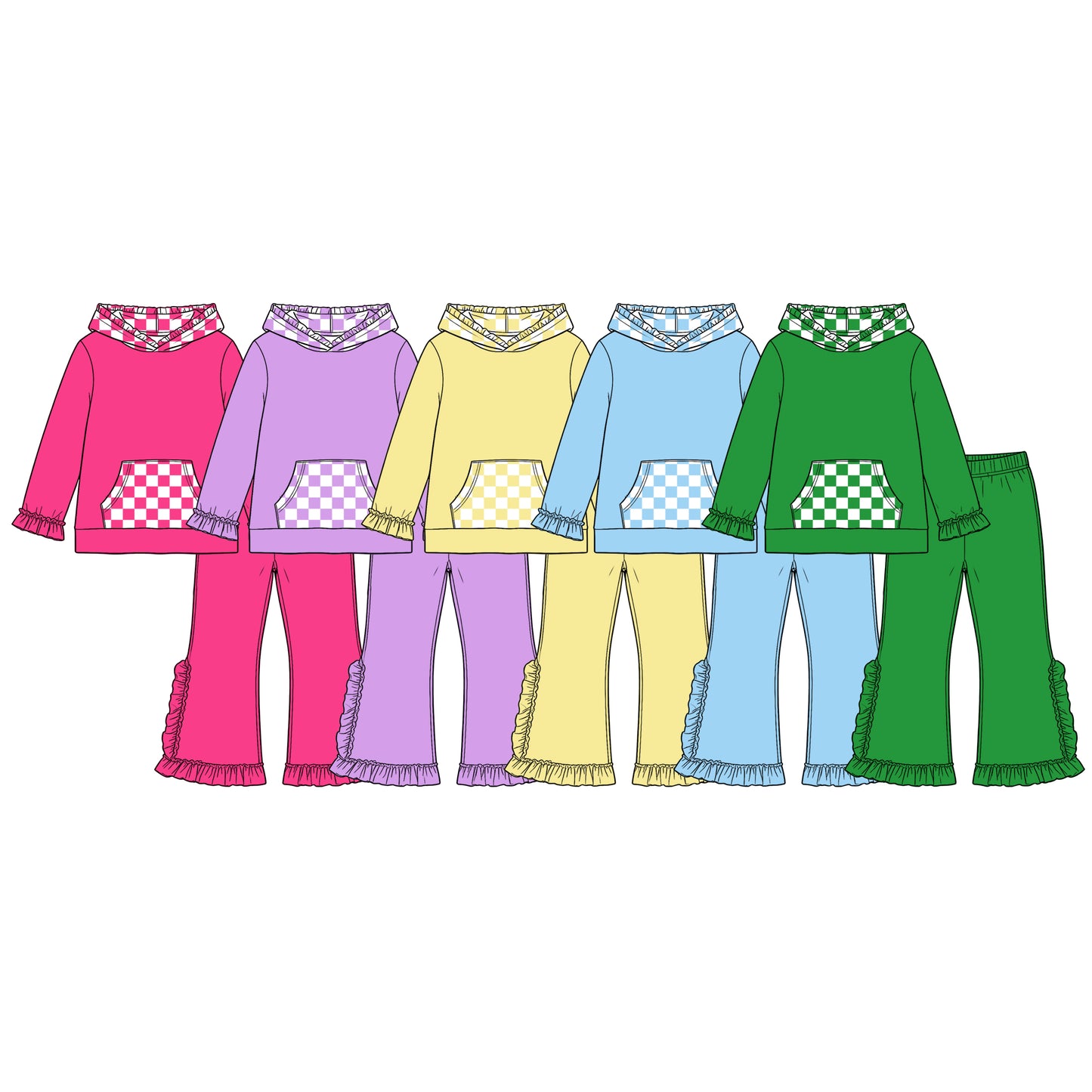 ( Moq 5 Each Style ) Sibling Baby Girls Kids Long Sleeves Checked Pockets Hoodie Pullovers Pants Sets Clothes