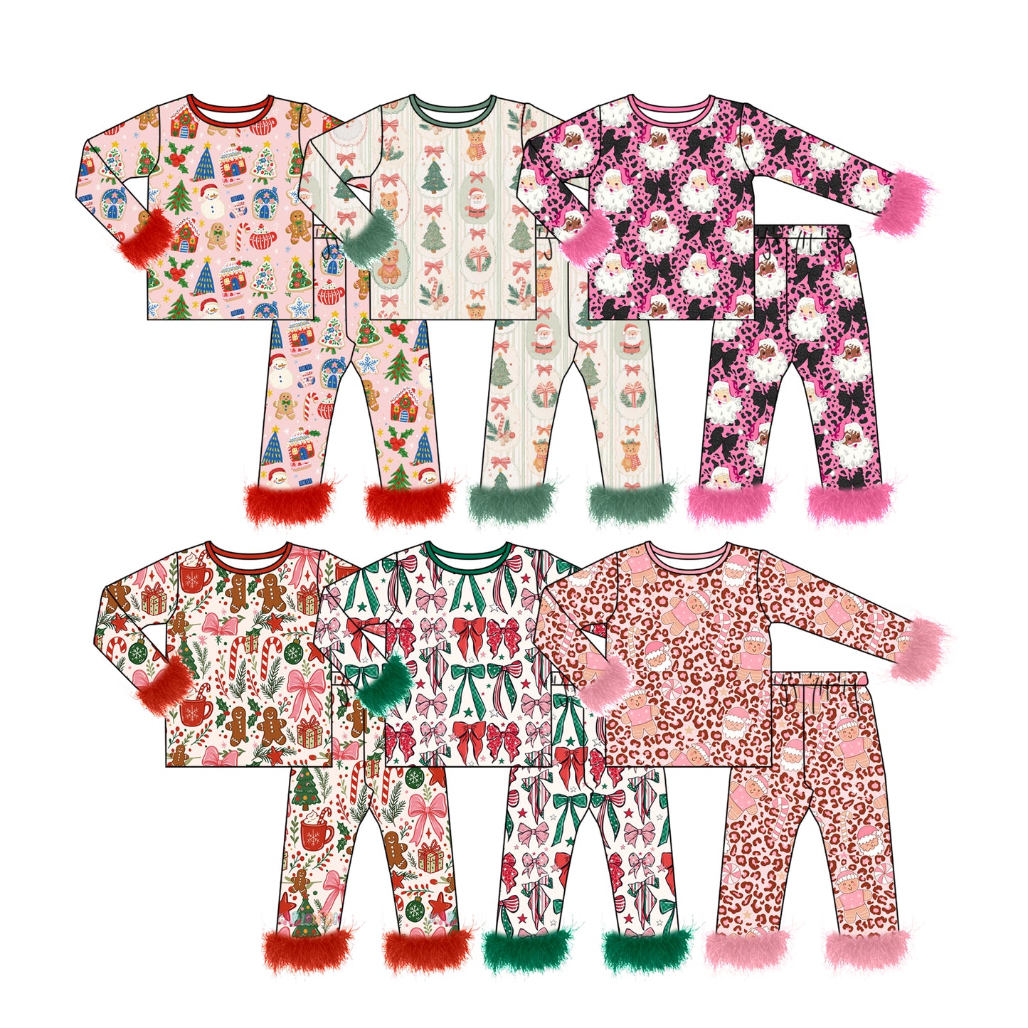 ( Moq 20 Each Style ) Sibling Baby Girls Kids Fur Long Sleeves Christmas Santa Bows Shirts Pants Sibling Pajamas Sets Clothes