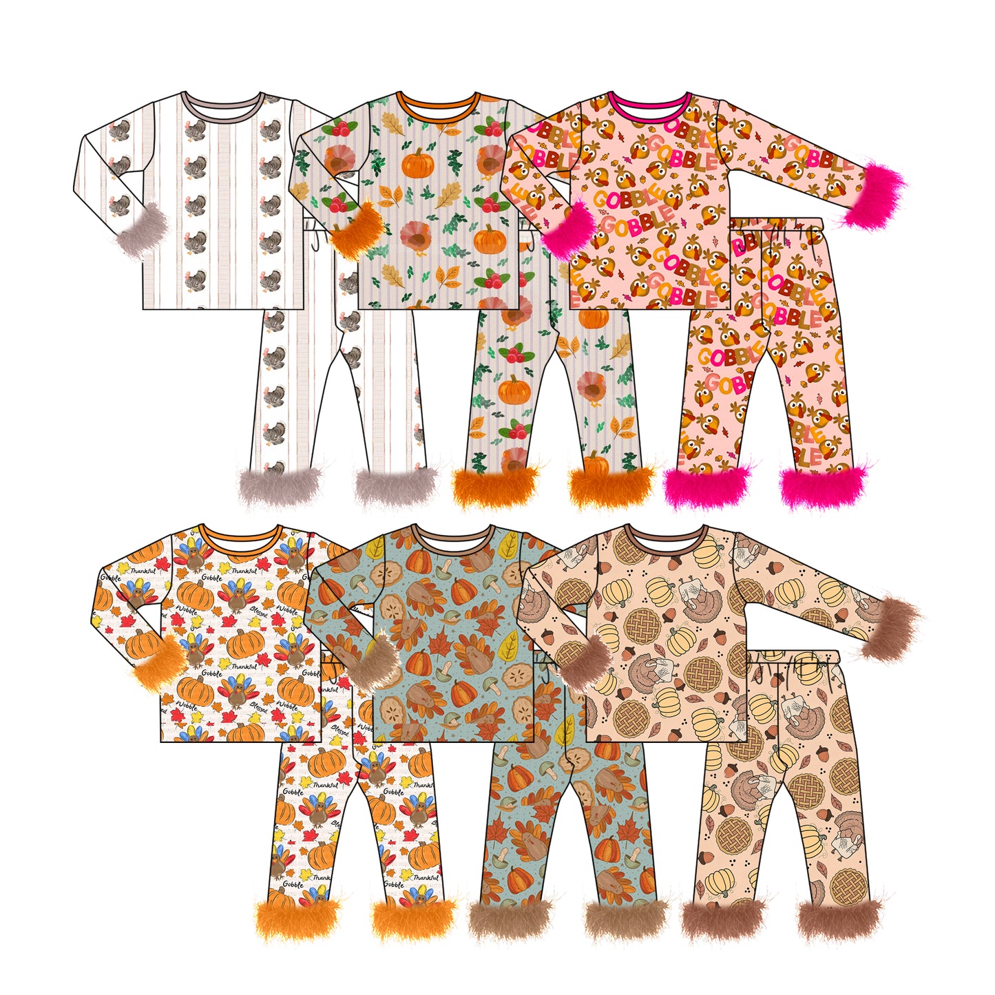 ( Moq 20 Each Style ) Sibling Baby Girls Kids Pumpkins turkey Fur Shirts Pants Sibling Fall Pajamas Sets Clothes