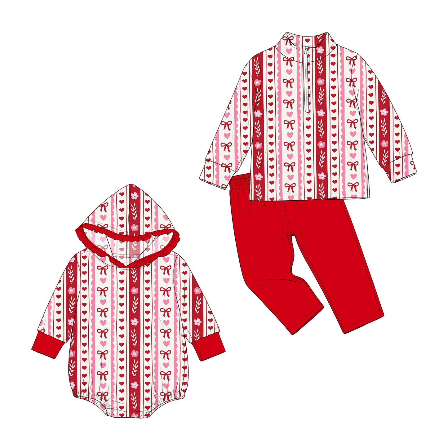 ( Moq 5 Each Style ) Sibling Baby Girls Kids Long Sleeves Hearts Bows Valentine Romper Set Clothes