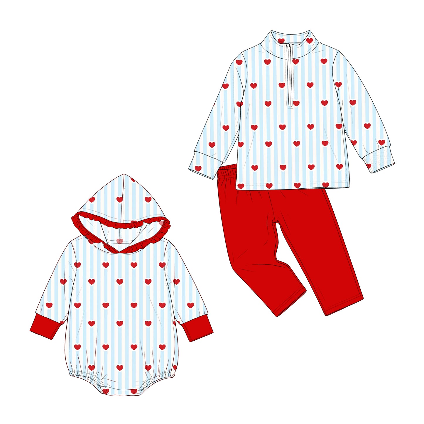 ( Moq 5 Each Style ) Sibling Baby Girls Kids Long Sleeves Hearts Stripes Valentine Romper Set Clothes
