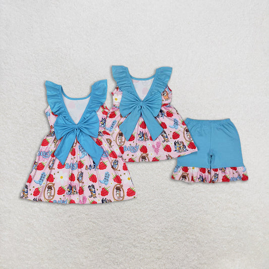 Baby Girl Short Sleeves Dogs Blue Bows Sibling Dress Set Clothes RTS