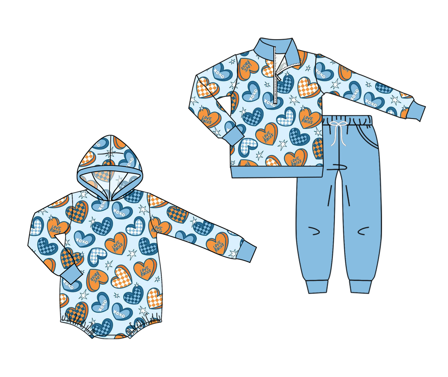 ( Moq 5 Each Style ) Sibling Baby Boys Kids Long Sleeves Valentine Hearts Romper Set Clothes