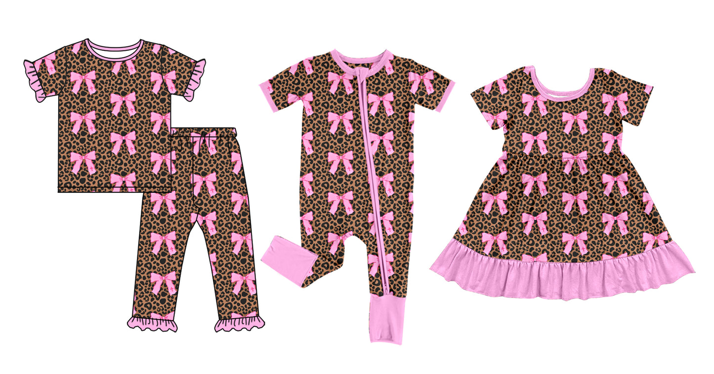 ( Moq 5 Each Style ) Sibling Baby Girls Kids Short Sleeves Bows Leopard Ruffle Dress Romper Set Clothes