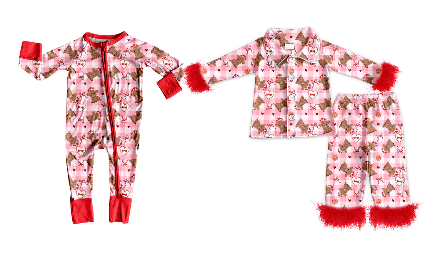 ( Moq 5 Each Style ) Sibling Baby Girls Kids Cow Hearts Bows Valentine Pajamas Romper Set Clothes