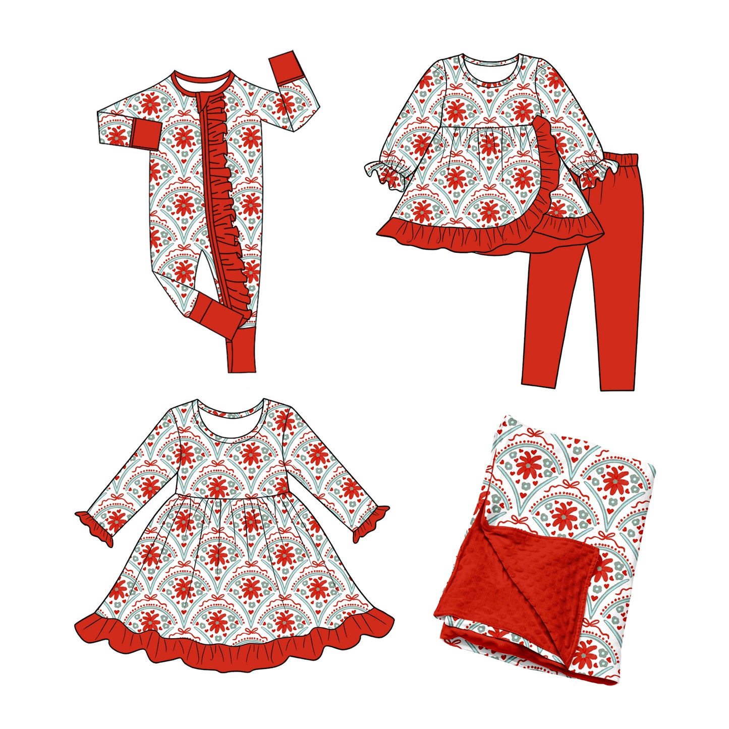 ( Moq 5 Each Style ) Baby Girls Kids Flower Hearts Bows Valentine Sibling Romper Dress Set Blanket Clothing