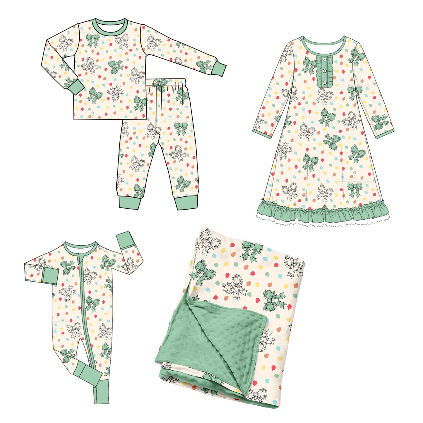 ( Moq 5 Each Style ) Baby Girls Kids Christmas Bows Lights Sibling Romper Nightgown Dress Pajamas Set Blanket Clothing