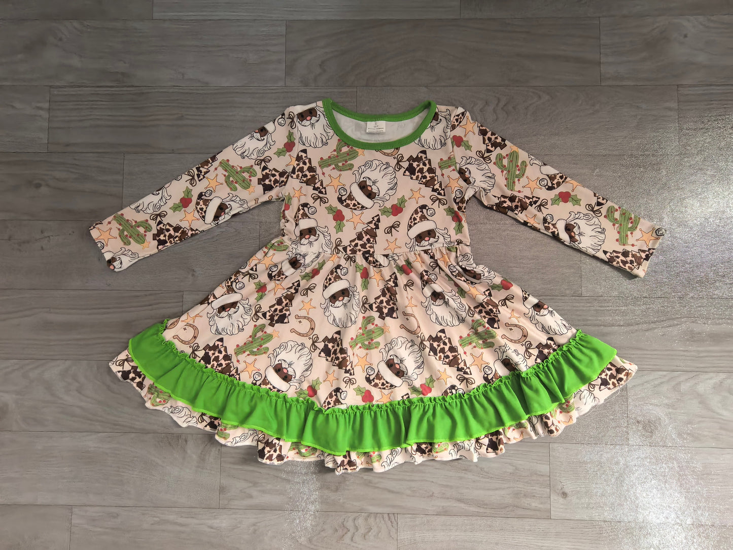 ( No moq ) Preorder Baby Girl Long Sleeves Santa Cactus Christmas Green Ruffle Dress