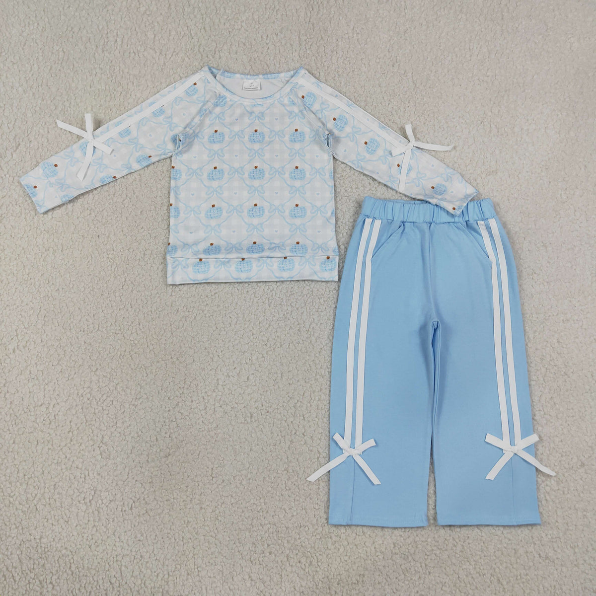 Baby Girls Kids Pumpkins Bows Shirt Pockets Blue Pants Set Fall Clothes RTS