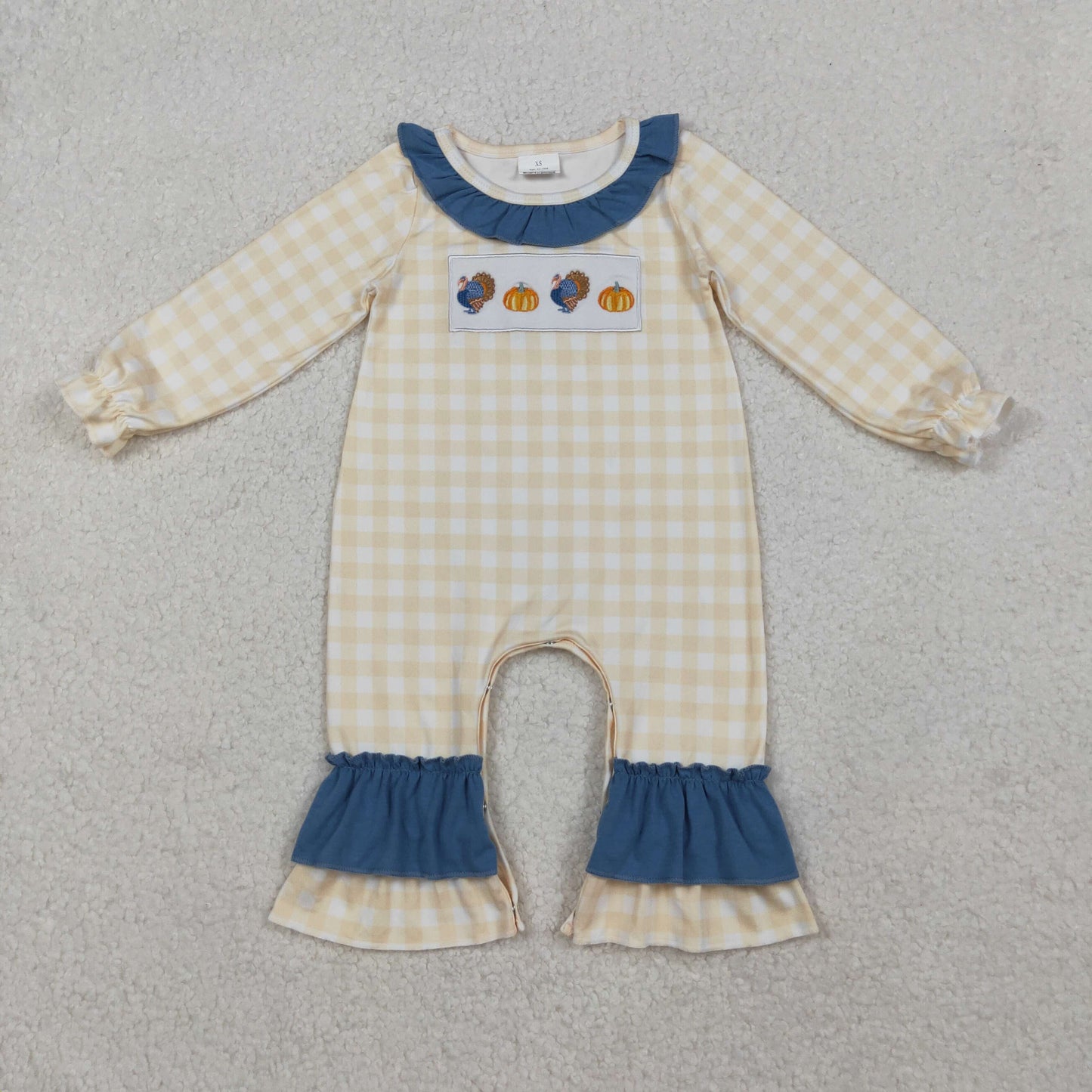 Baby Girl Long Sleeves Embroidery turkey Pumpkins Plaid Ruffle Thanksgiving Fall Romper RTS