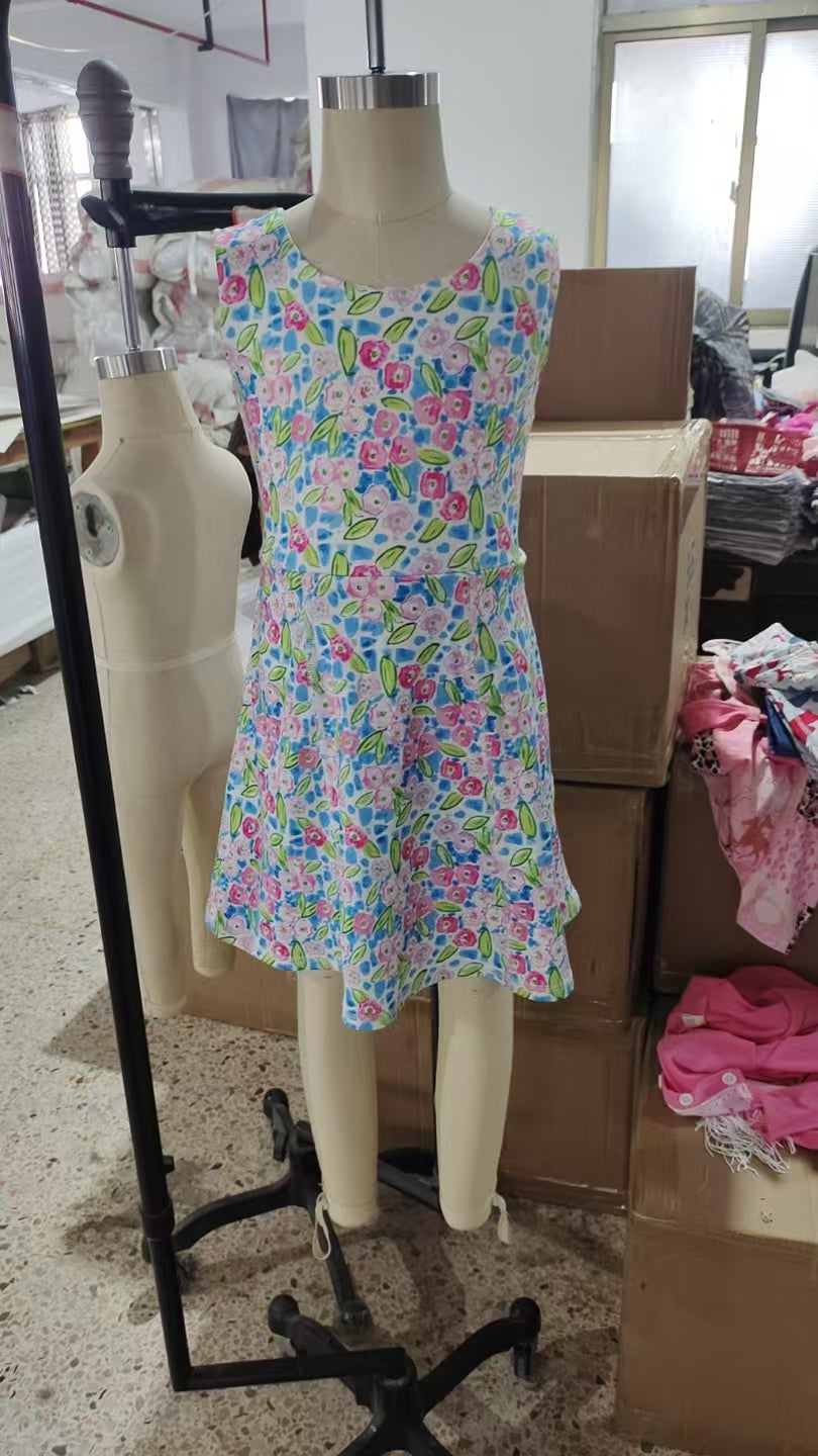 Baby Girl Kids Toddler Sleeveless Flower Yoga Active Wear Blue Dress RTS