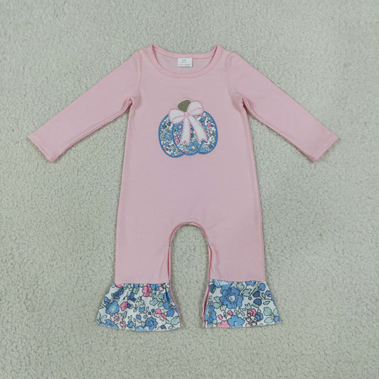 Baby Girls Infant Long Sleeves Embroidery Pumpkin Bow Flower Ruffle Fall Romper RTS