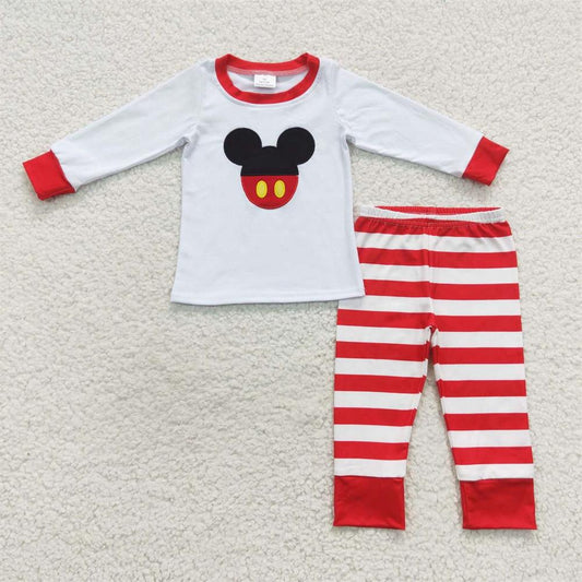 Promotion Baby Boy Long Sleeves Red Striped Pants Embroidery Outfit Cartoon Pajamas RTS