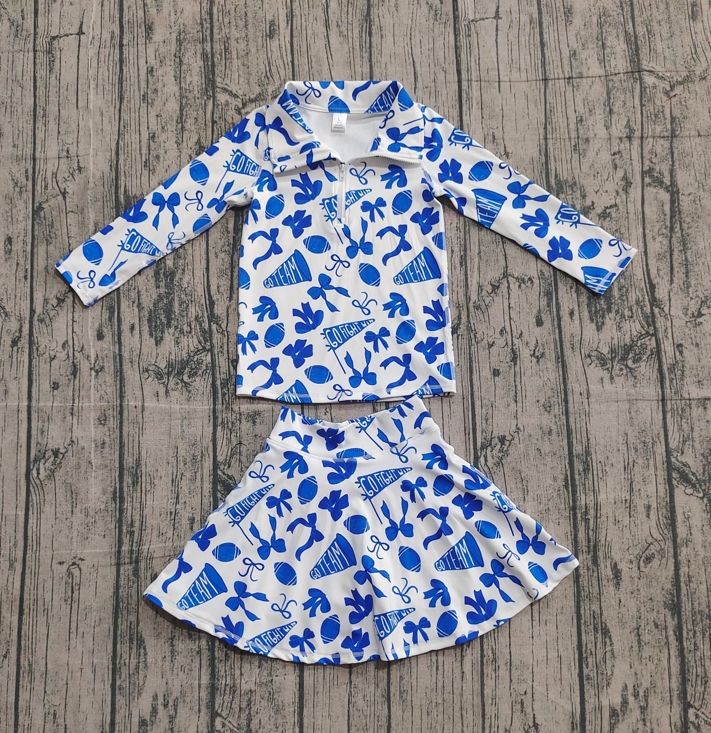 Girls Kids Blue Bows Football Zipper Shirt Yoga Active Skorts Team Clothes Set RTS