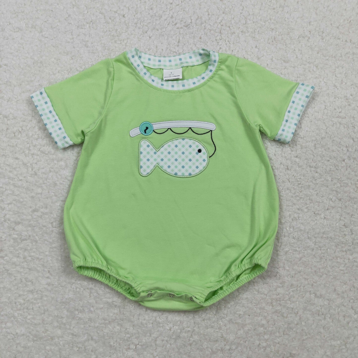 Baby Boys Infant Short Sleeves Embroidery Fishing Green Bubble Romper RTS