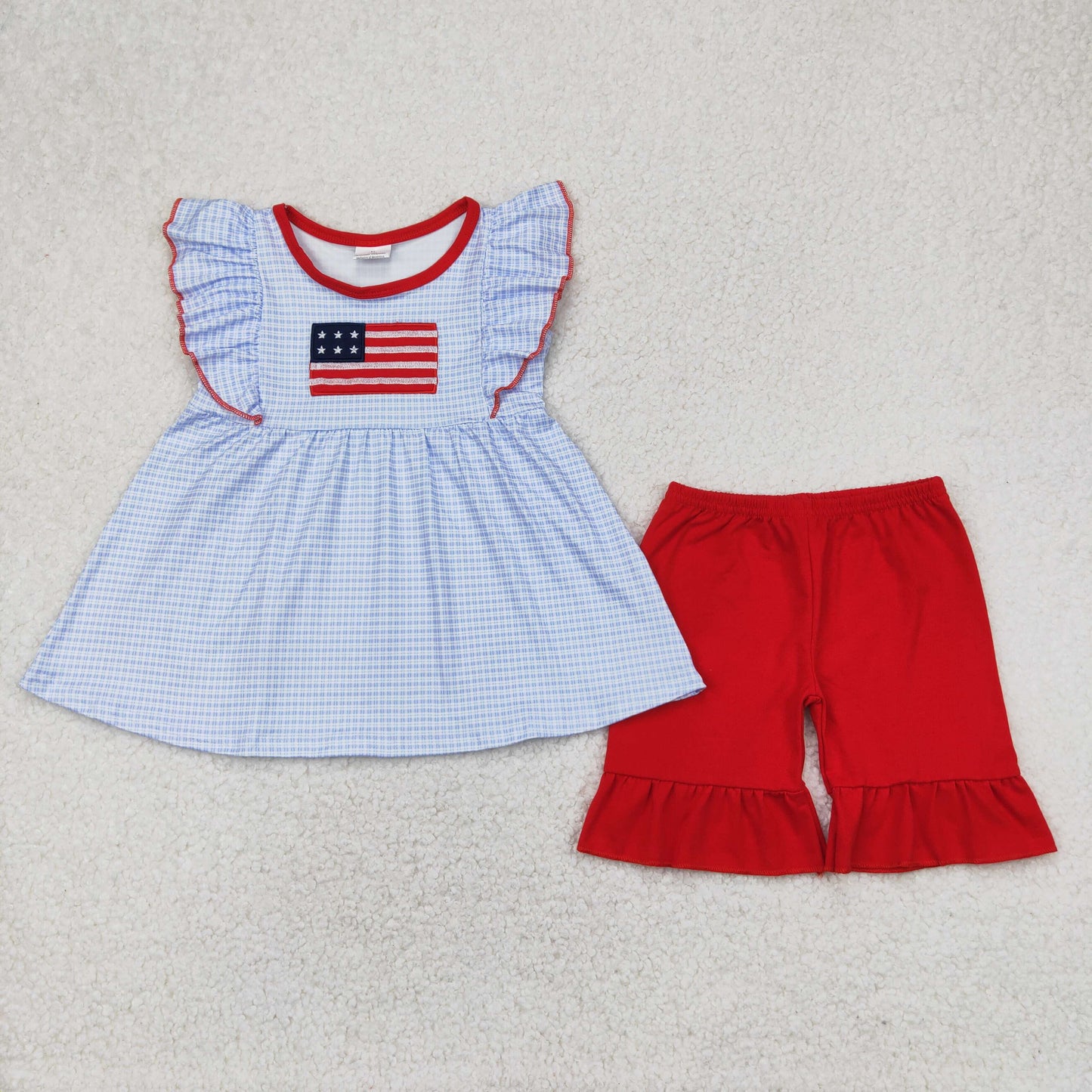 Baby Girl Blue Checked Embroidery Flag Tunic Red Shorts July 4th Set RTS
