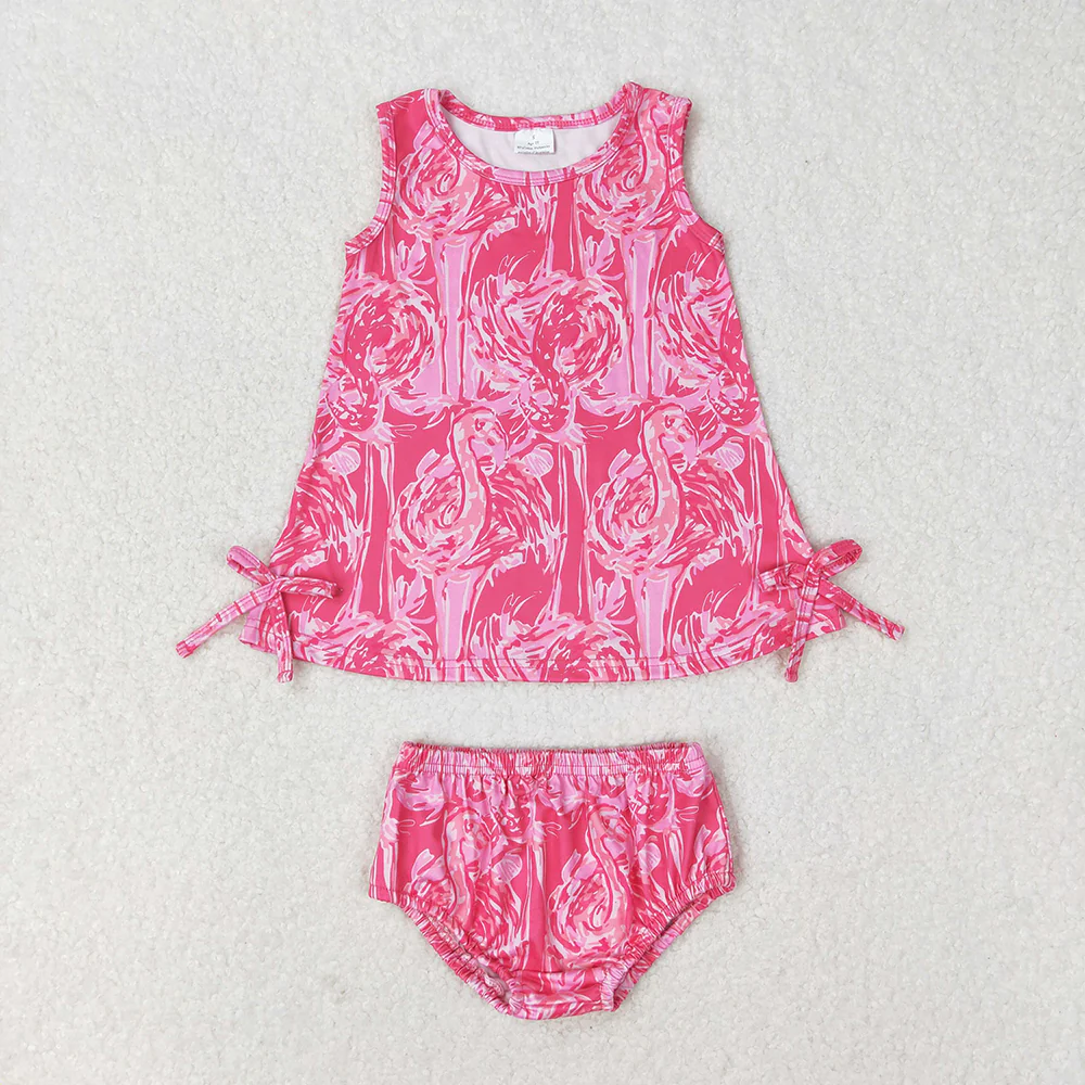 Baby Girl Sleeveless Flamingo Tops Bummies Shorts Summer Pink Set