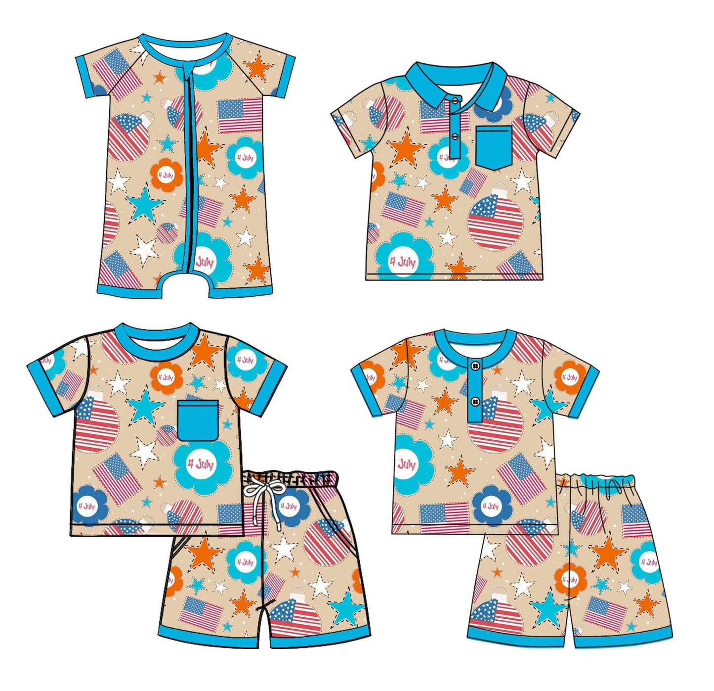 Baby Boy Short Sleeves Stars Flags Sibling Romper Shirt Set ( Moq 5 Each Style ) 3.3
