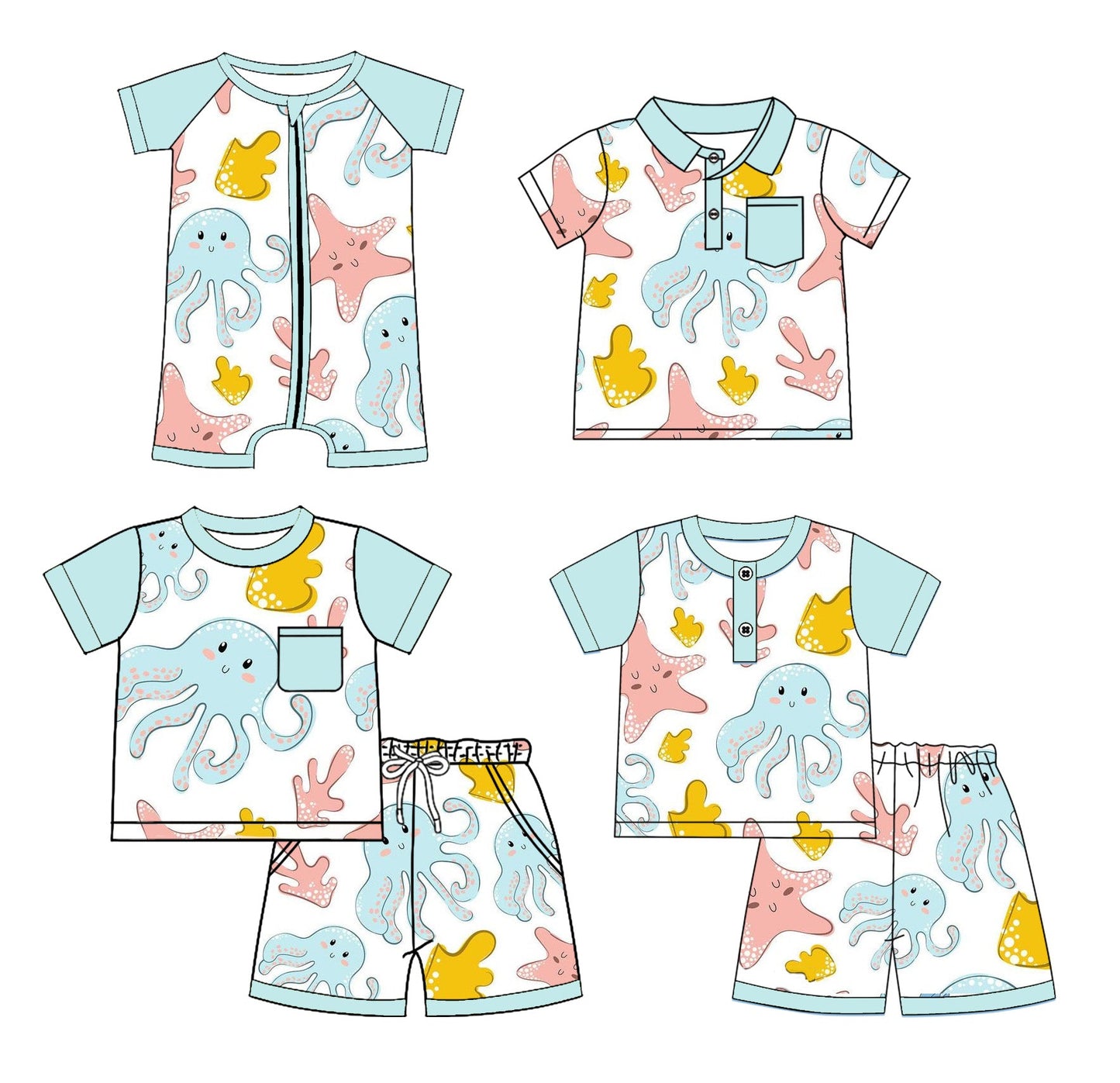 Baby Boy Short Sleeves Sea Animals Sibling Romper Shirt Set ( Moq 5 Each Style ) 2.27