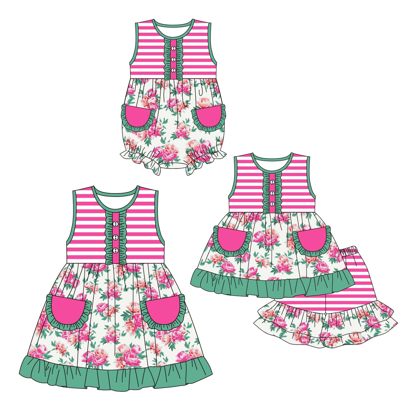 Baby Girl Flower Pockets Sibling Dress Romper Set ( Moq 5 Each Style ) 12.16