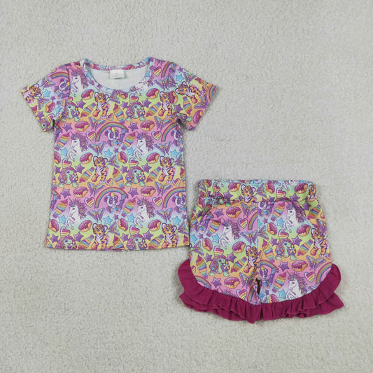Baby Girls Short Sleeves Animals Shirt Purple Ruffle Shorts Set Clothes RTS