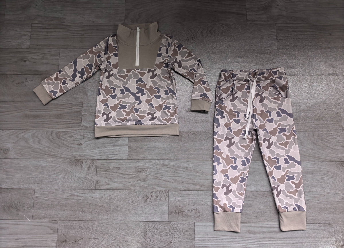 ( No moq ) Preorder Baby Boys Kids Long Sleeves Grey Camo Print Zipper Pullover Pockets Pants Set Clothes