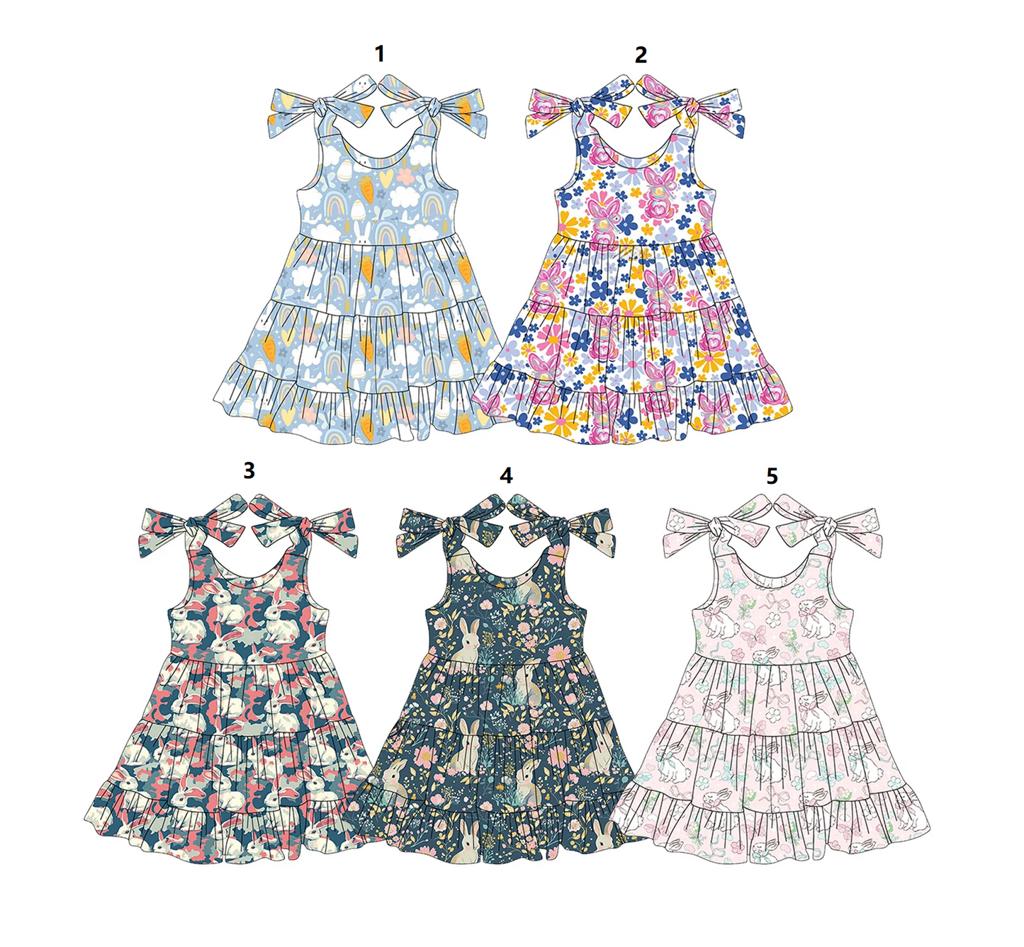 ( Moq 5 Each Style ) Baby Girls Kids Bows Sleeves Rabbits Sibling Easter Knee Length Dresses