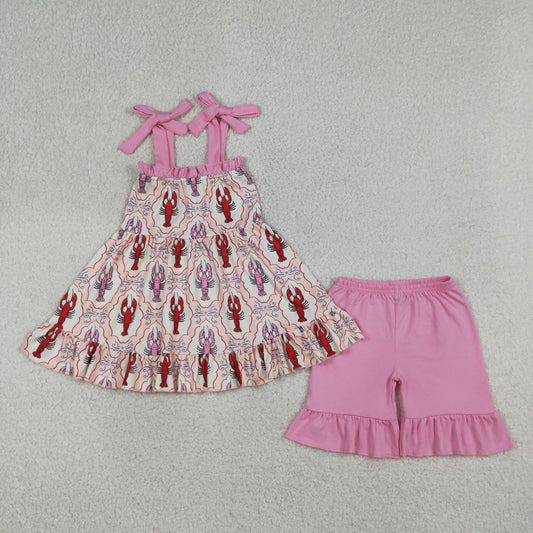 Baby Girls Kids Bows Straps Crawfish Tops Pink Ruffle Shorts Summer Set RTS