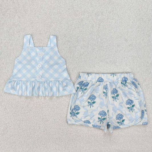 Baby Girl Straps Dots Blue Tops Flower Bows Shorts Set RTS