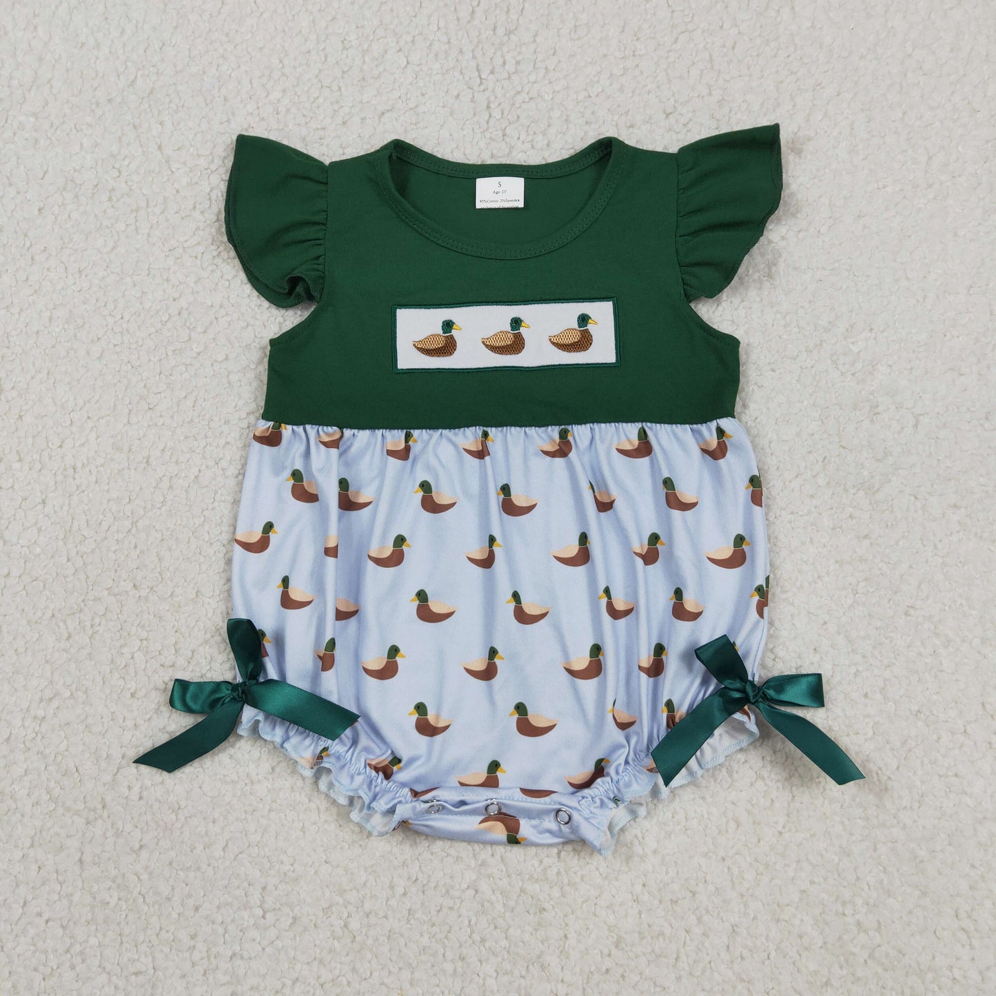 Baby Girls Infant Green Short Sleeves Embroidery Ducks Bows Bubble Romper RTS